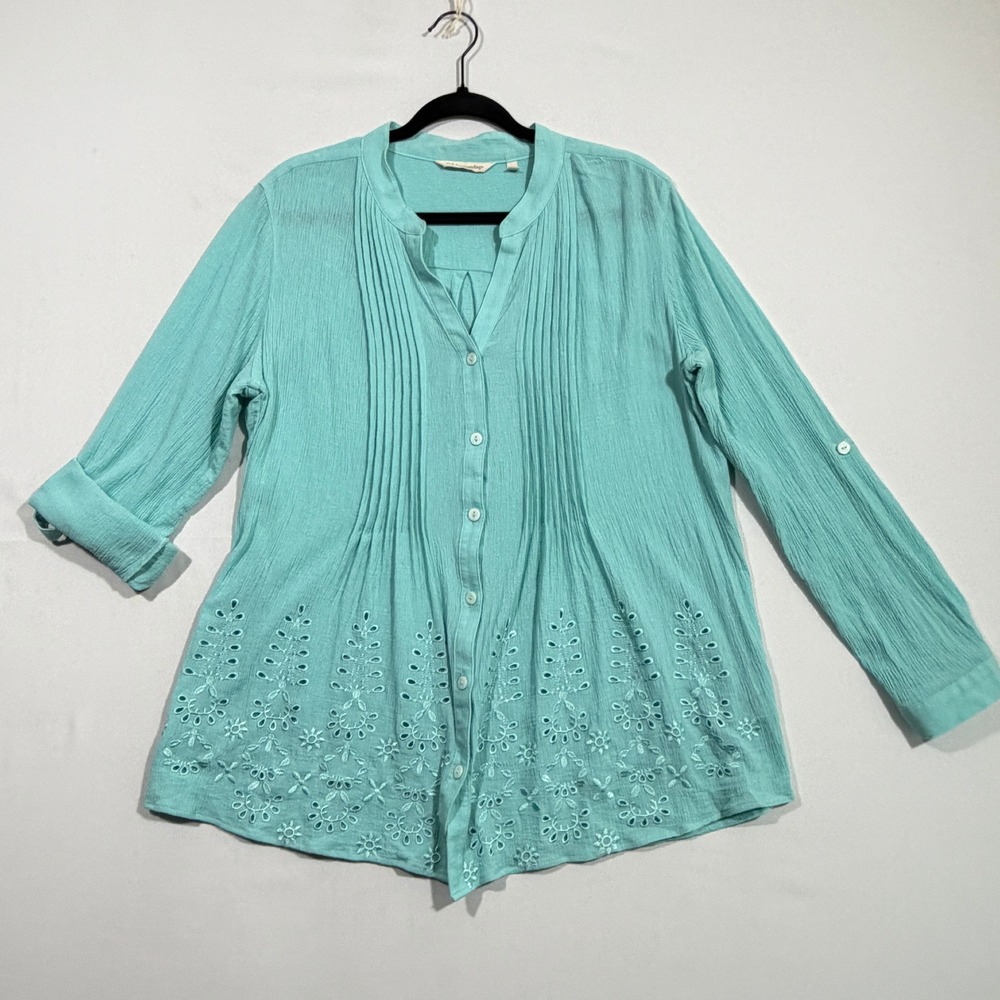 Soft Surroundings Blouse Women L Aqua Blue Eyelet Pintuck Coastal Boho Top